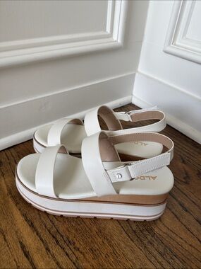 Aldo White Platform Slingback Sandals with Tan Trim